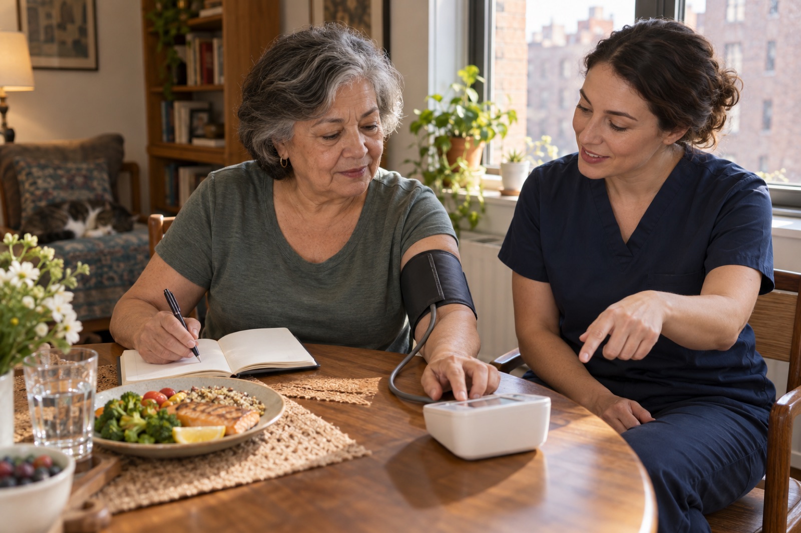 An older woman checks her own blood pressure while a nurse explains