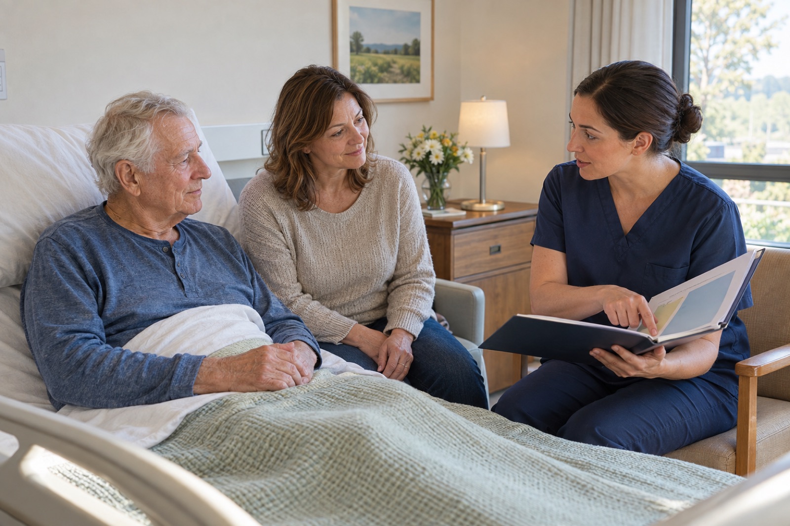 A nurse explains a care plan folder to an older man in a rehab room and his daughter