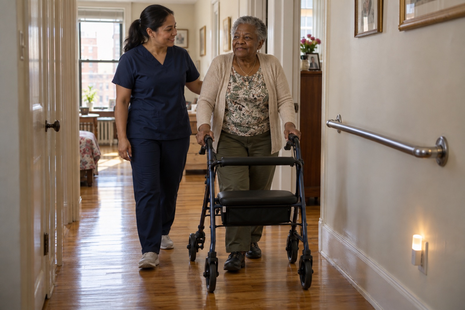 Nurse walking beside an older woman using a walker in a bright hallway