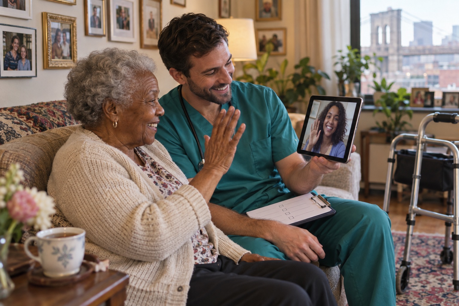 A nurse sits with an older woman in her living room and holds a tablet so she can video-call her daughter