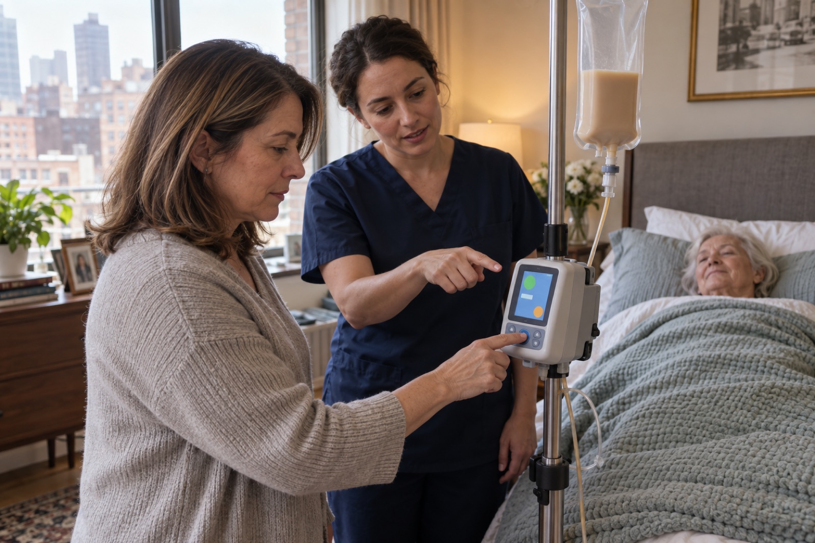 A daughter sets the feeding pump while a nurse explains the screen