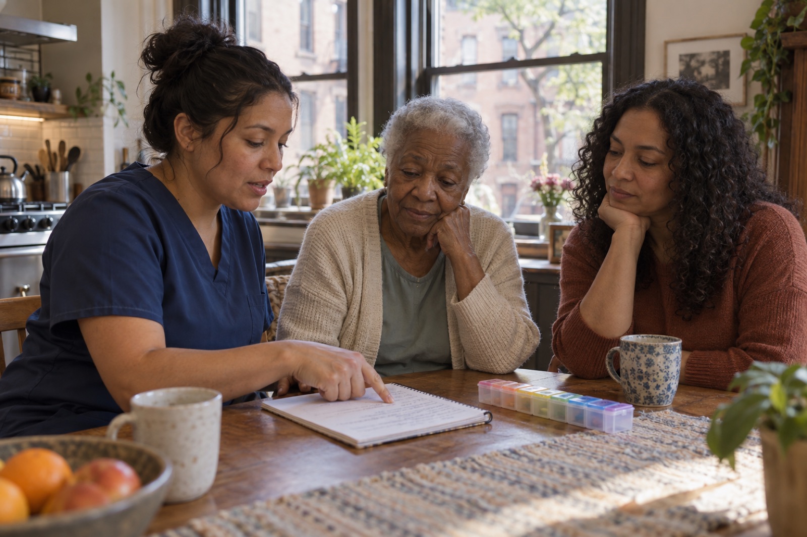 A nurse reviews a care notebook and pill organizer with an older woman and her daughter at the kitchen table
