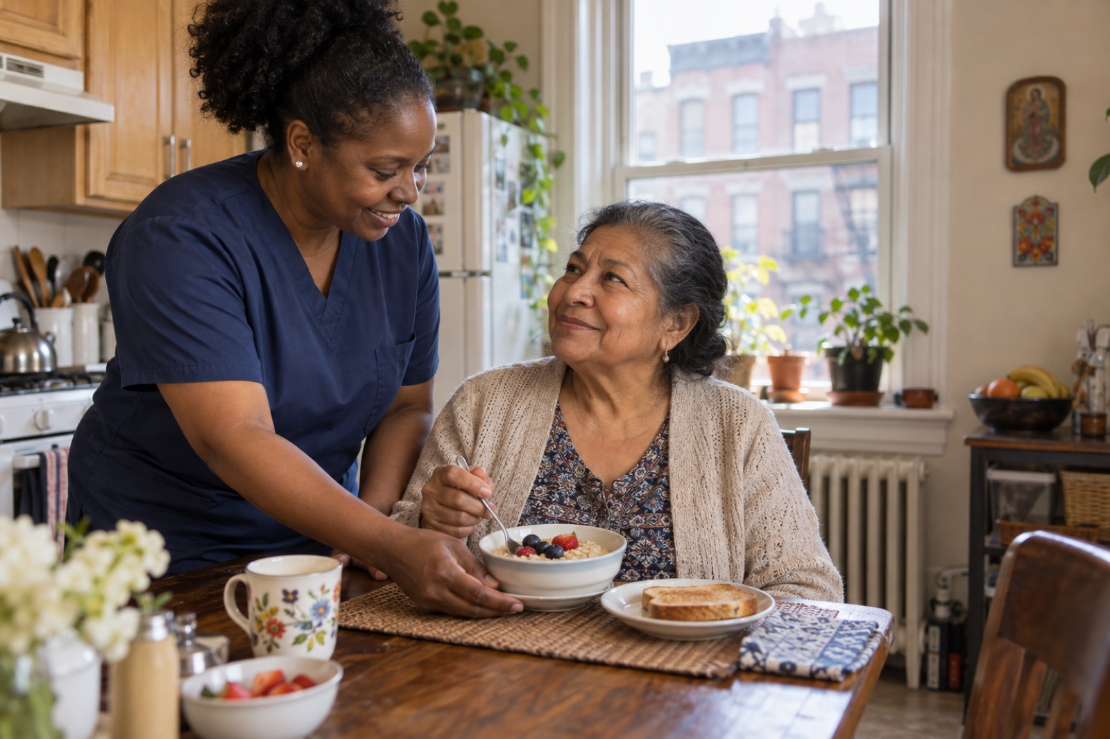Home health aide helping an older woman with breakfast