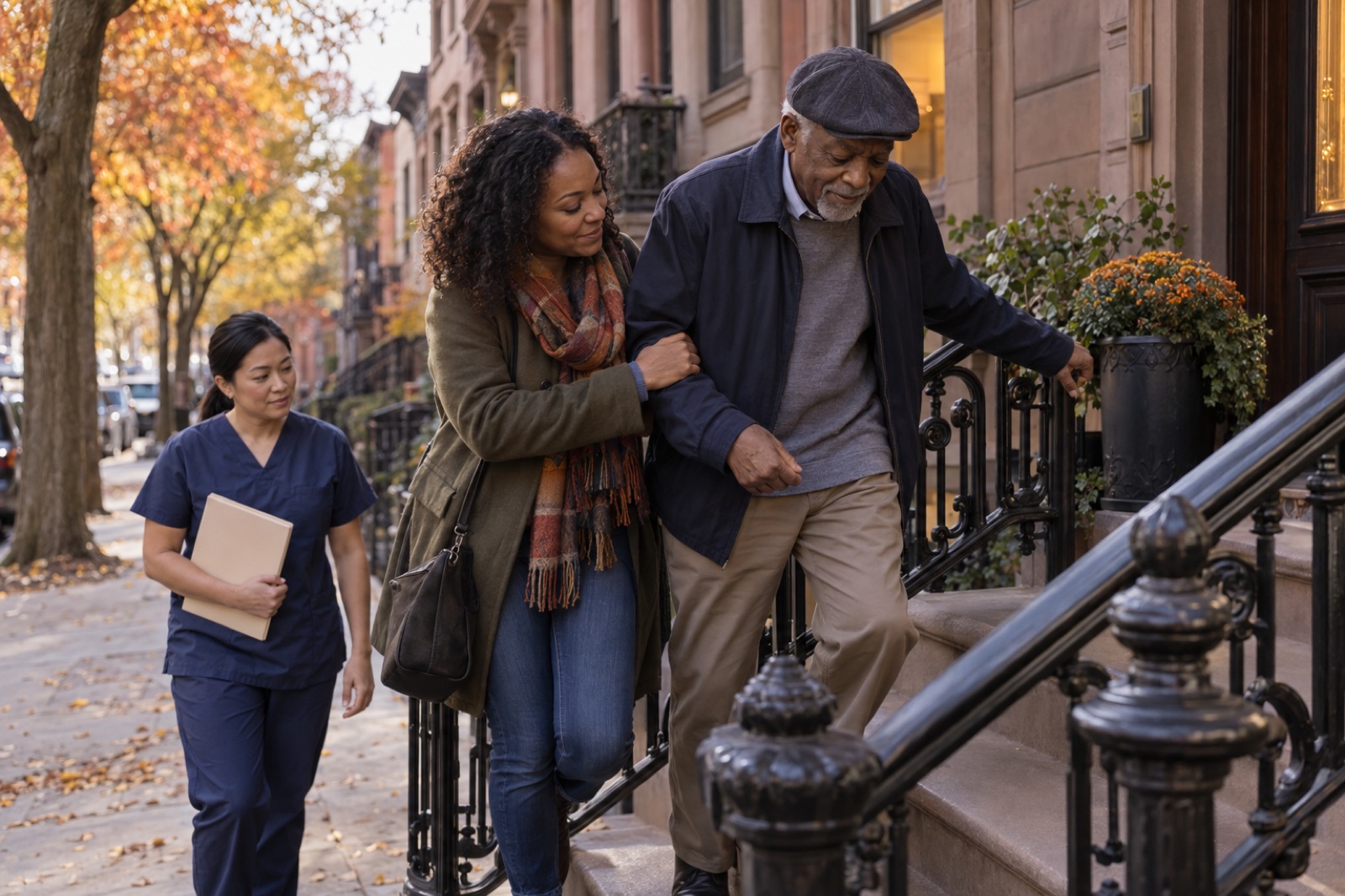 An older man arriving home from the hospital, helped up the stoop by his daughter and a nurse