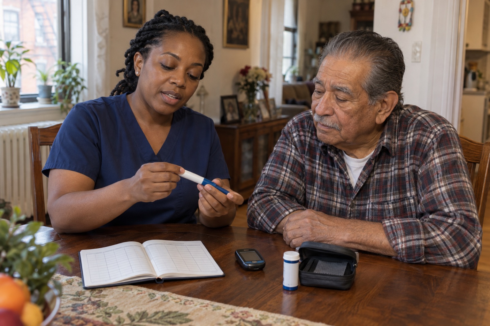 Nurse showing an older man an insulin pen and glucose meter