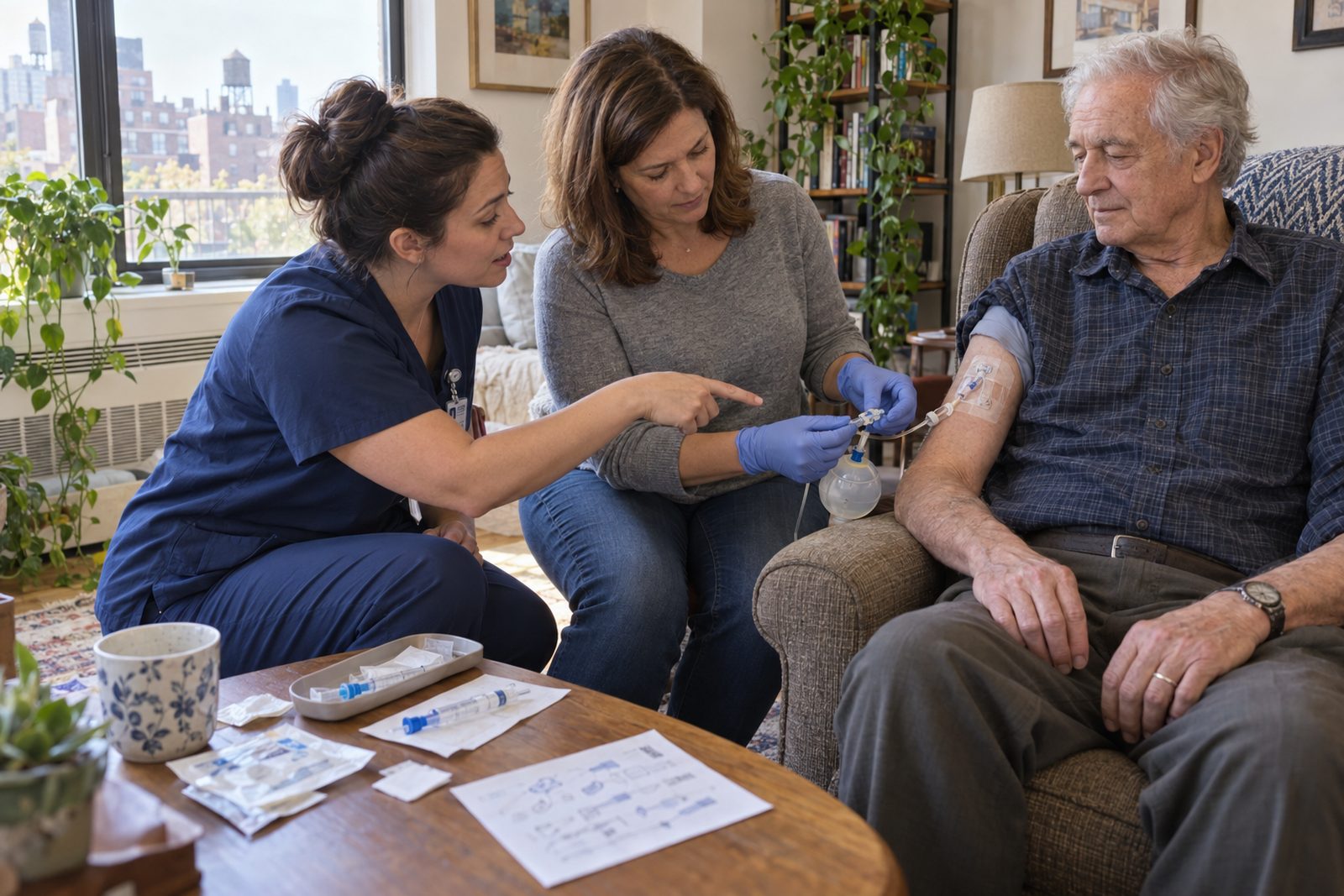 A daughter connects an IV antibiotic ball to her father’s PICC line while a nurse explains