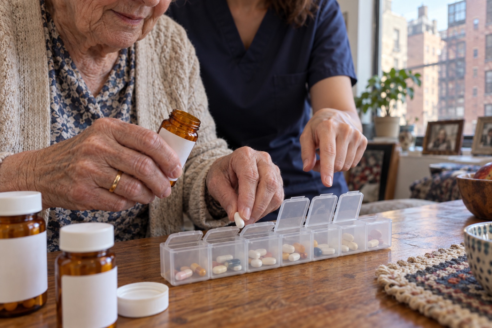 An older patient fills a weekly pill organizer while a nurse points to the right day