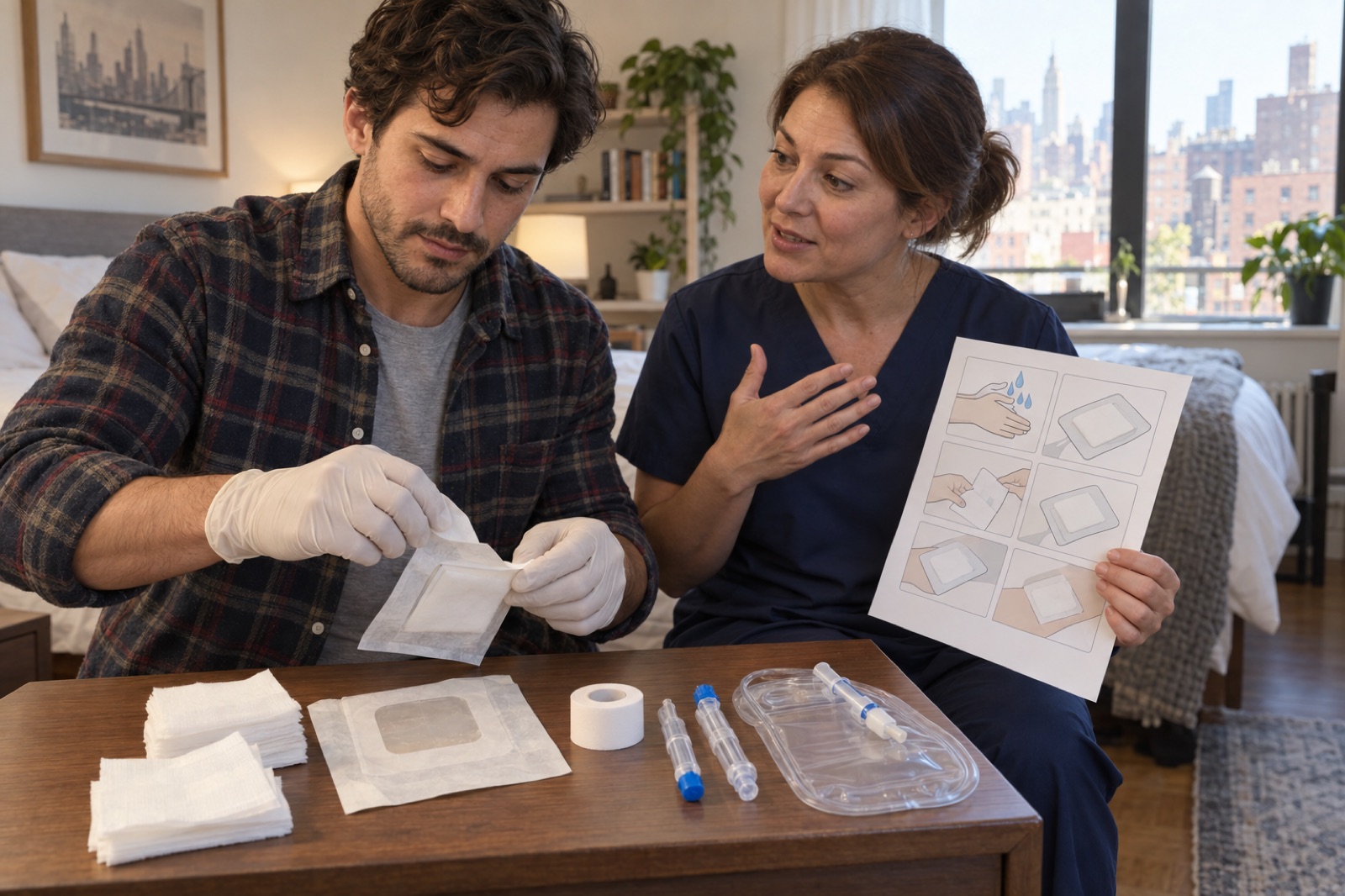 A son practices preparing a dressing while a nurse guides him