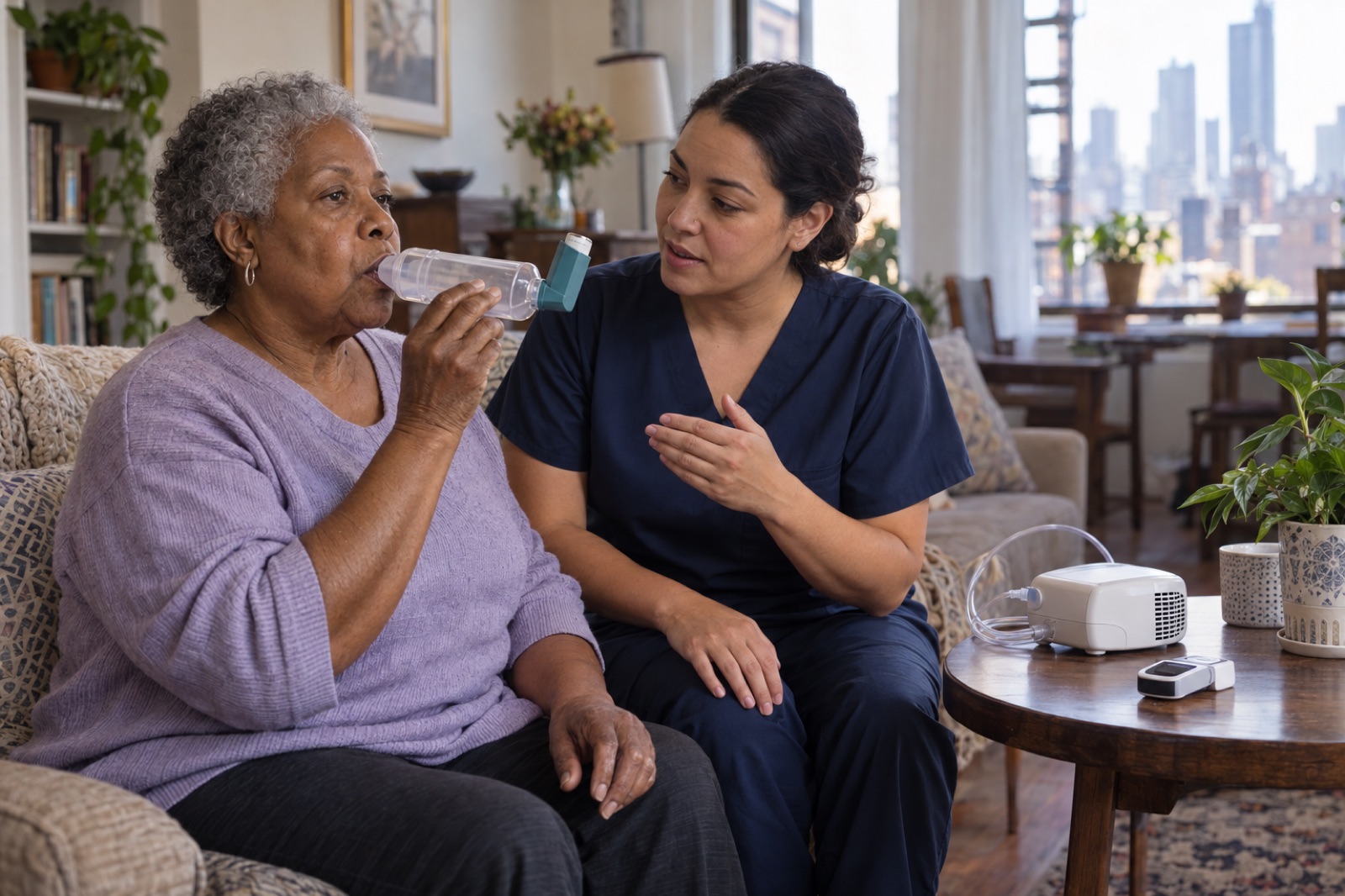 Nurse teaching an older woman to use an inhaler with a spacer