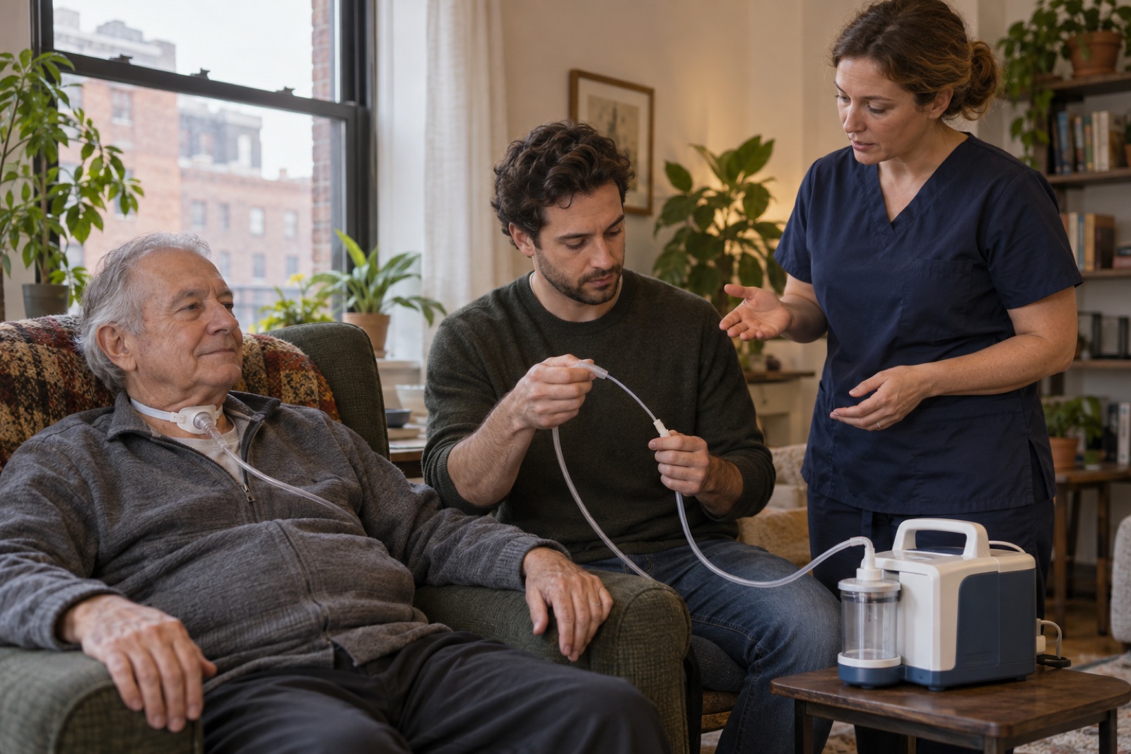 A son practices suctioning a tracheostomy while a nurse coaches him