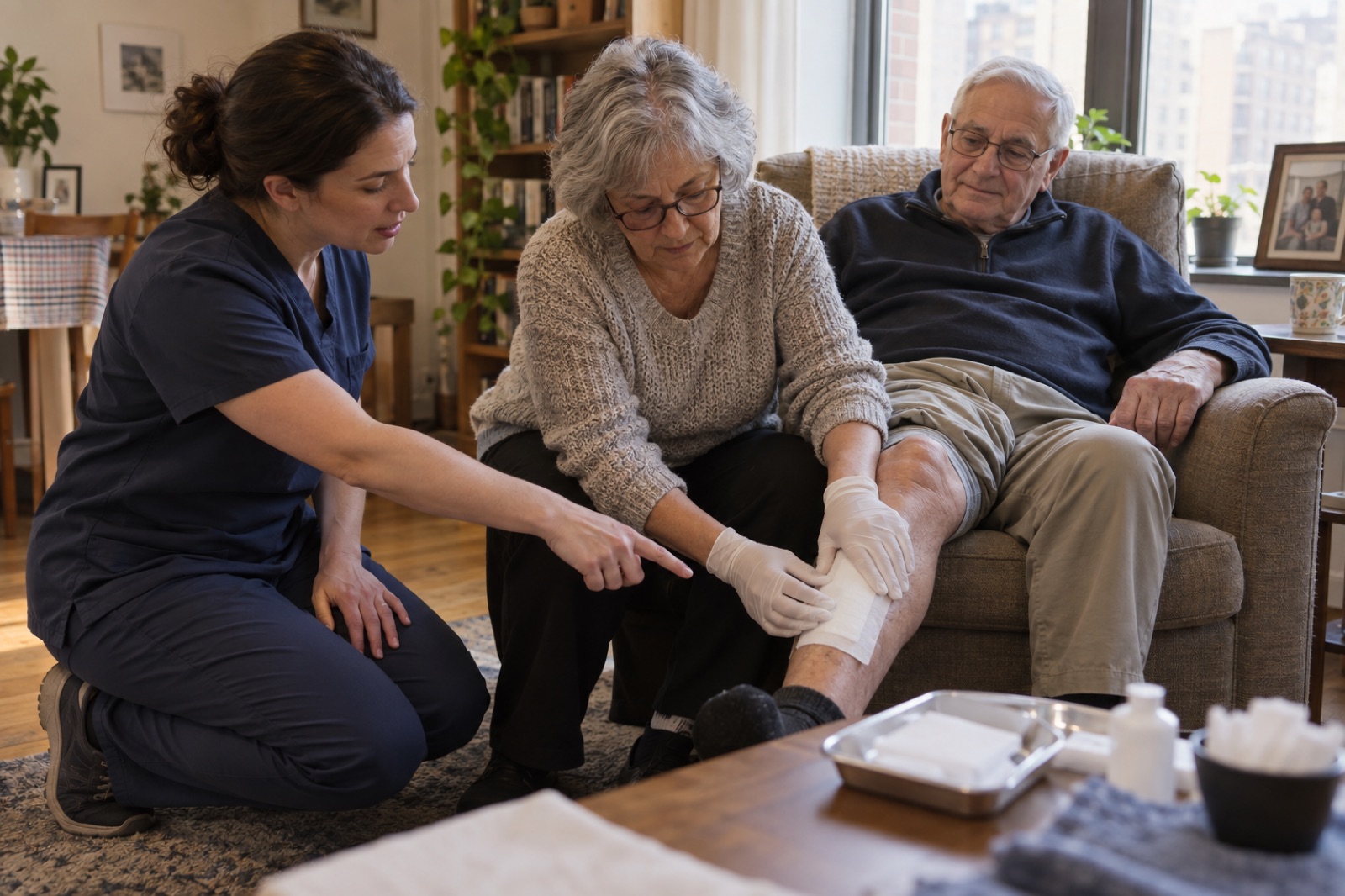 An older woman applies a dressing to her husband's leg while a nurse coaches her